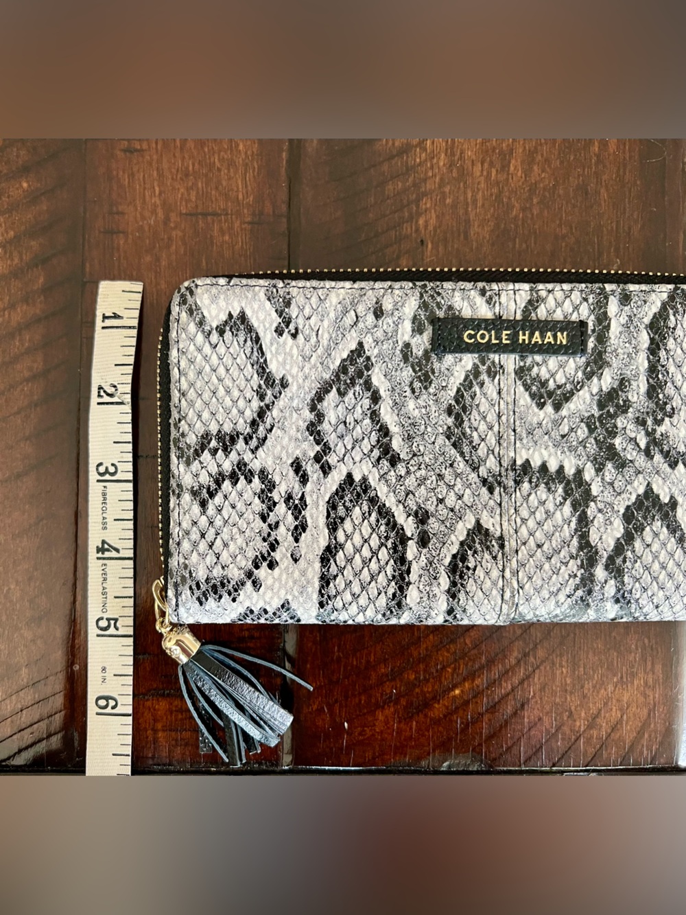 Cole Haan Snake Print Zip Around Continental Wallet Black White Faux Python - Picture 7 of 8